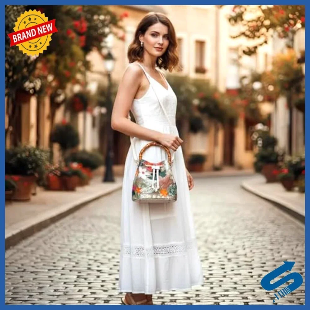Hand Embroidered Straw Tote Bag Bohemian Beach Crossbody with Bamboo Handle